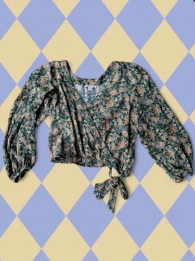 American Eagle Outfitters Green Floral Wrap Tie Blouse